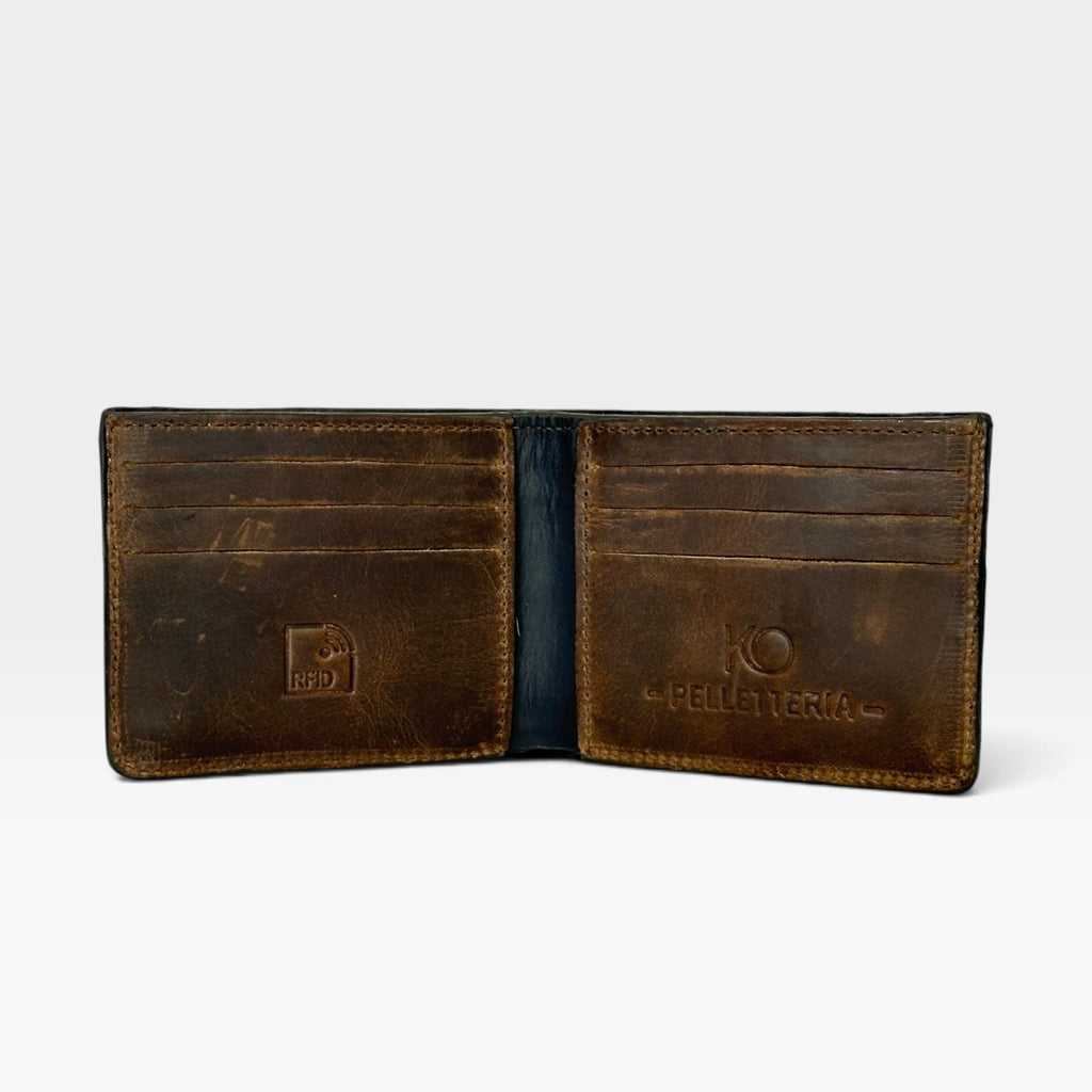 Billetera Hombre Cuero Pull-Up Café con Franja Azul y RFID