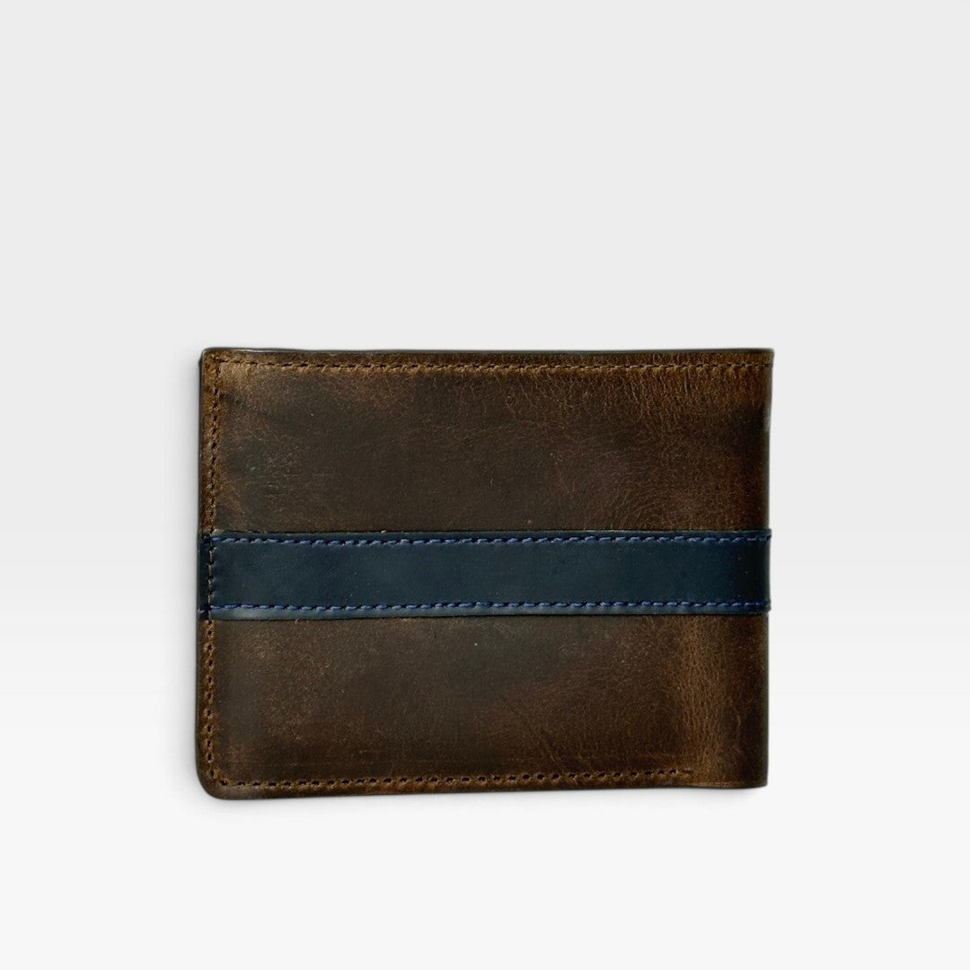 Billetera Hombre Cuero Pull-Up Café con Franja Azul y RFID