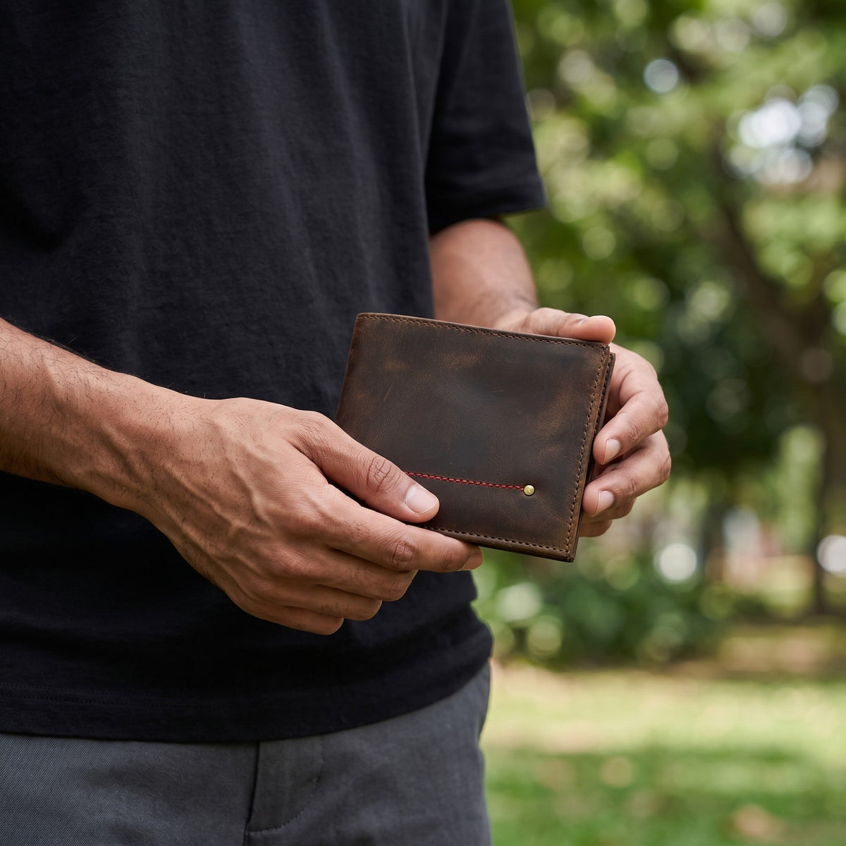 Billetera kopelletteria de cuero pull-up café con costura roja y remache dorado sostenida por un hombre en exteriores