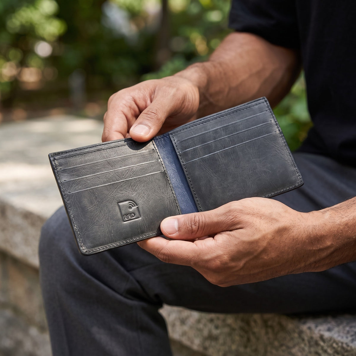 Billetera kopelletteria de cuero negro Arizona con protección RFID y compartimentos para tarjetas en manos de un hombre
