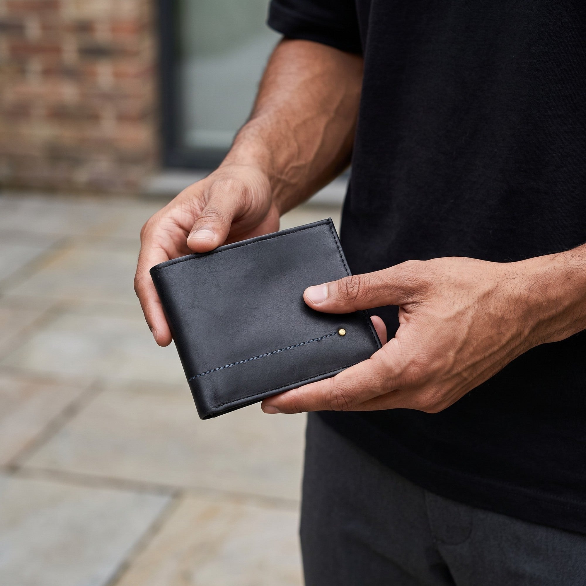 Billetera kopelletteria de cuero negro Arizona con costura azul y protección RFID sostenida por un hombre