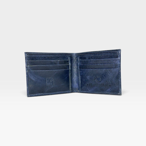Billetera kopelletteria para hombre en cuero azul traslúcido con protección RFID y compartimentos para tarjetas