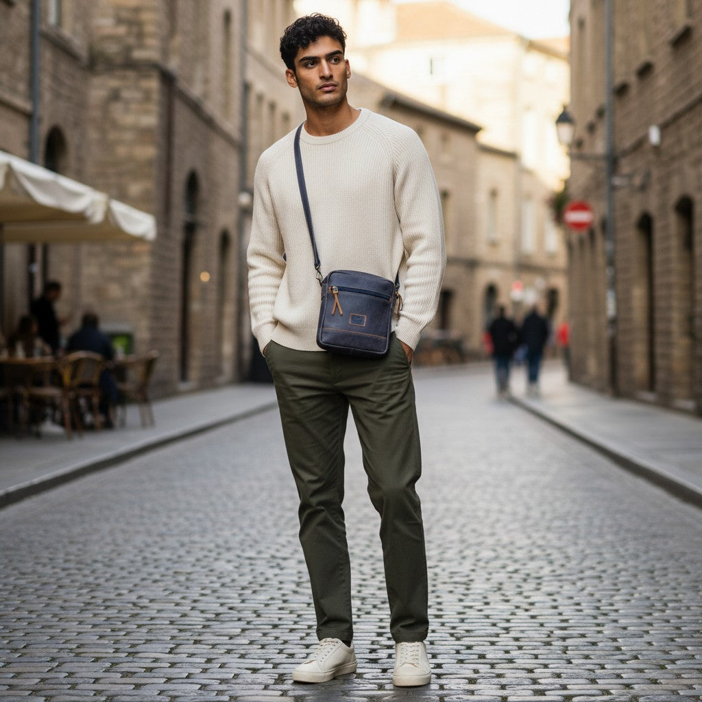 Hombre con bolso manos libres azul de cuero genuino kopelletteria, diseño minimalista cruzado en calle urbana europea.