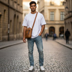Hombre con bolso manos libres kopelletteria de cuero rústico marrón cruzado, estilo urbano minimalista en calle adoquinada