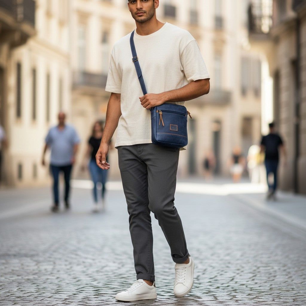 Hombre caminando en la ciudad con bolso manos libres azul de cuero genuino de la marca kopelletteria