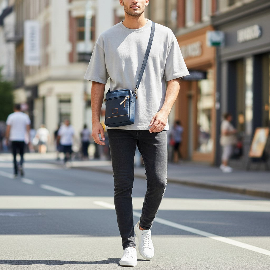 Hombre caminando en la ciudad con bolso manos libres azul de cuero genuino de kopelletteria con detalles en color miel.