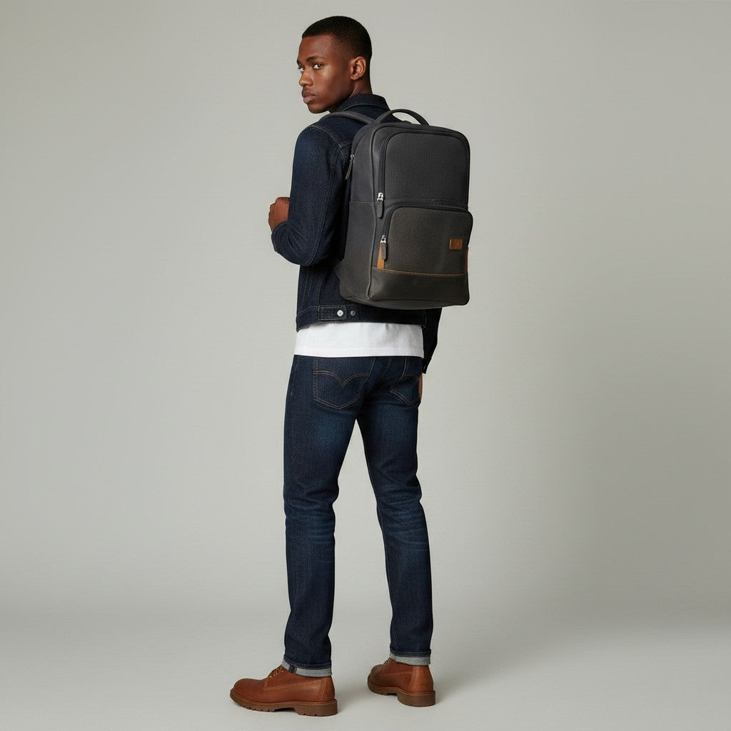 Hombre con morral kopelletteria de cuero gris oscuro con textura microperforada y detalles en tono miel