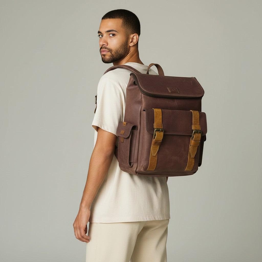 Hombre con morral urbano kopelletteria de cuero marrón con detalles ocre, diseño utilitario y compartimento para laptop